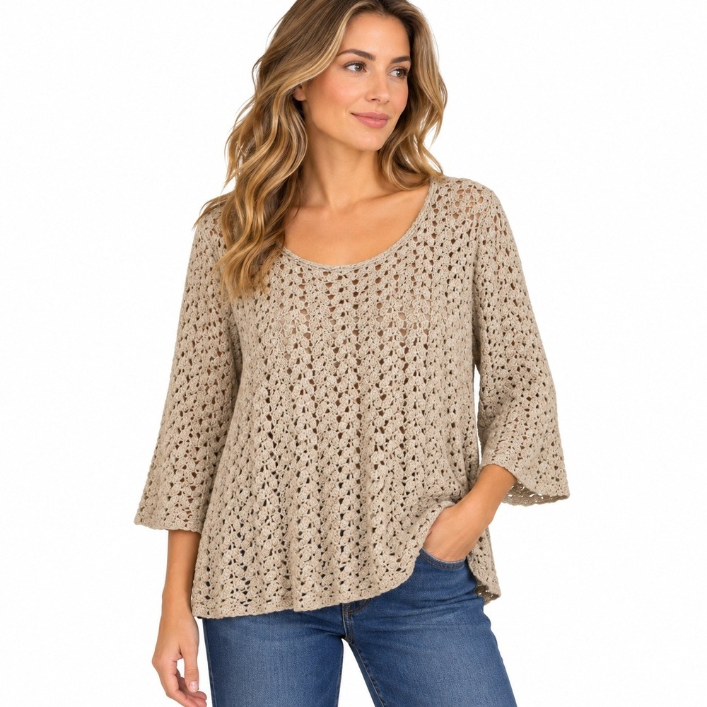 JM Collection Woman Sweater Women 0X Beige Open Crochet Knit 3/4 Sleeve Top